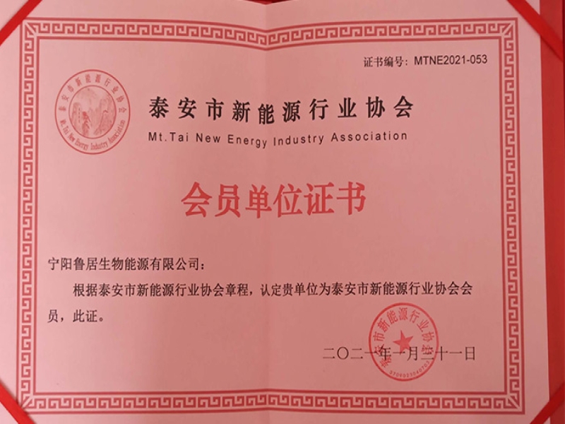 泰安市新能源行业协会会员单位证书